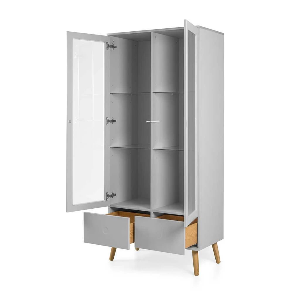 Grauer Vitrinenschrank Mit Furnier Eiche Revanio Im Retro Design – Bild 3