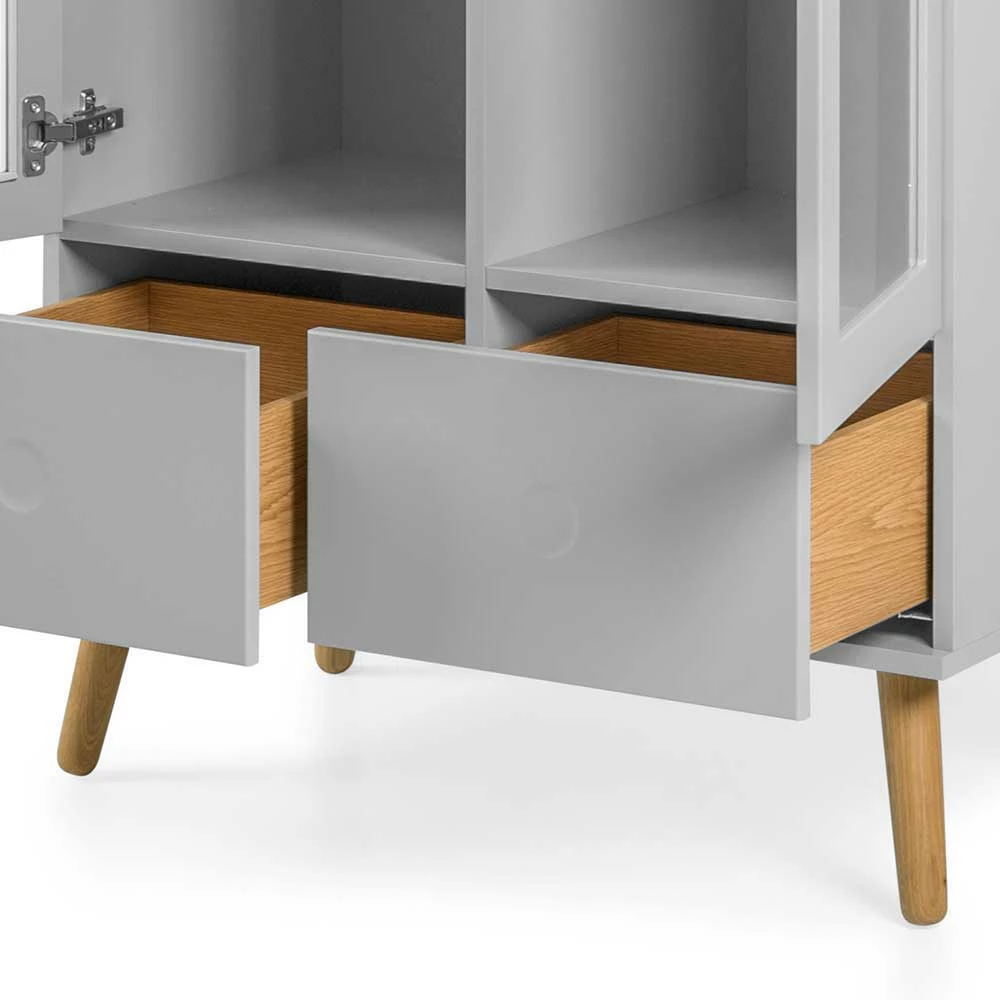 Grauer Vitrinenschrank Mit Furnier Eiche Revanio Im Retro Design – Bild 6