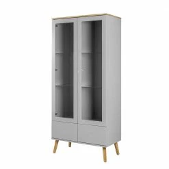 Grauer Vitrinenschrank Mit Furnier Eiche Revanio Im Retro Design