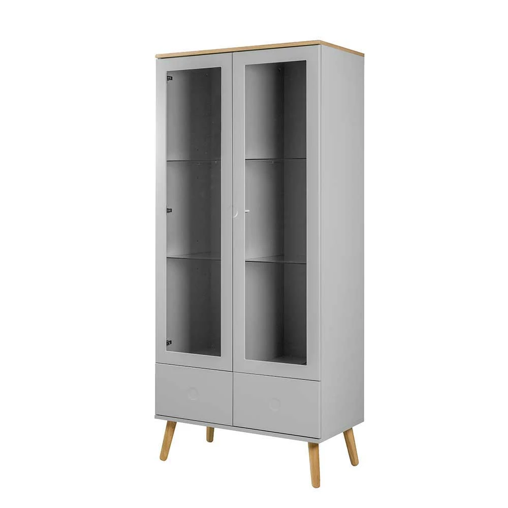 Grauer Vitrinenschrank Mit Furnier Eiche Revanio Im Retro Design
