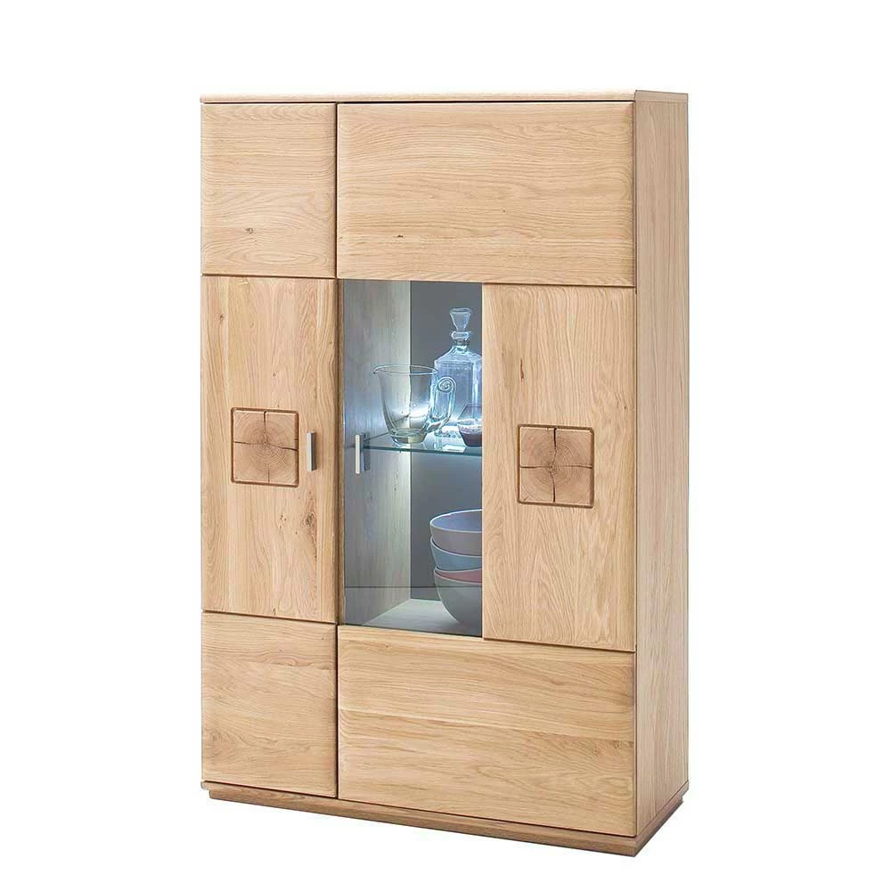 Highboard 2-türig Mit Glas-Einsatz Pontros In Eiche Bianco Teilmassiv