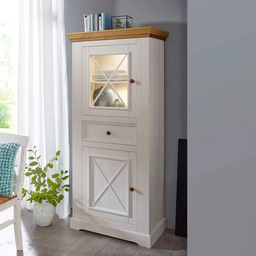 Kiefernholz Vitrine Elvelina In Weiß & Eichefarben – Bild 2