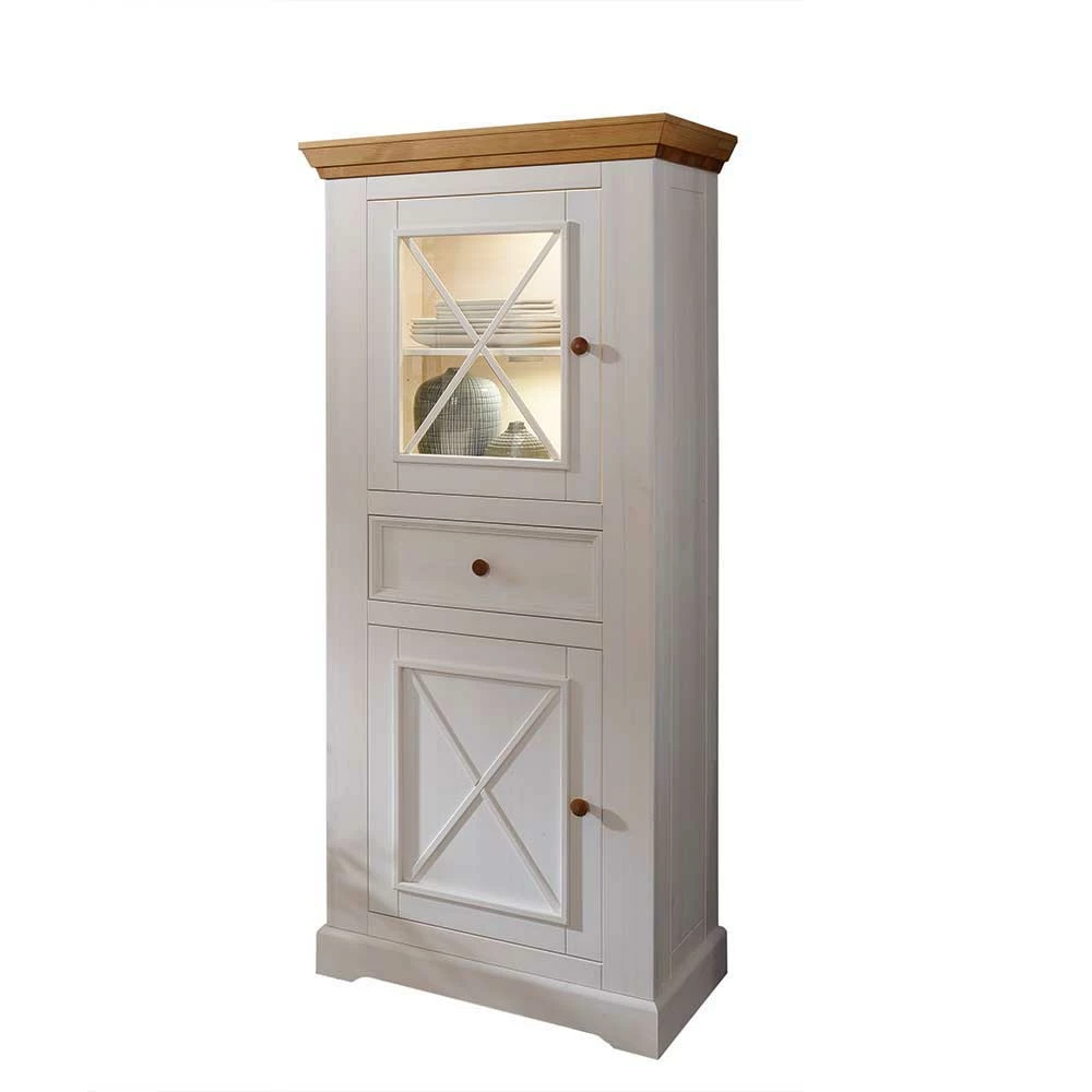 Kiefernholz Vitrine Elvelina In Weiß & Eichefarben