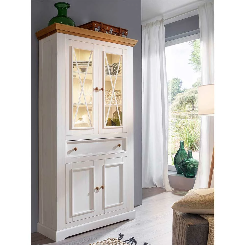 Landhaus Schrank Vitrine In Weiß - Elvelina – Bild 2