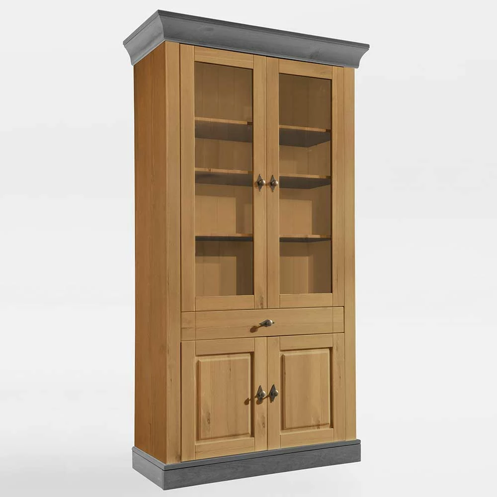 Landhaus Vitrinenschrank In Kiefer Lauge & Grau - Eshelas – Bild 2