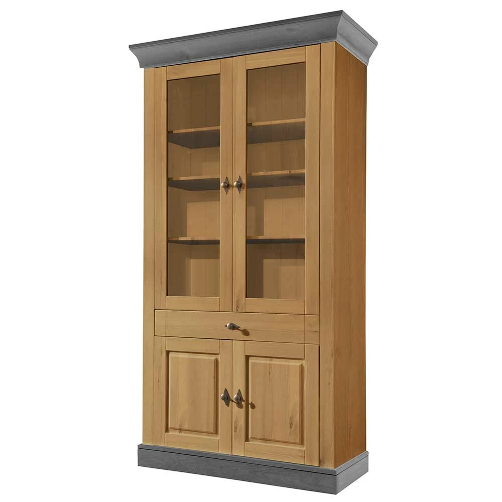Landhaus Vitrinenschrank In Kiefer Lauge & Grau - Eshelas