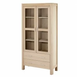 Teilmassiver Eiche Vitrinenschrank In Weiß Geölt - Inviama