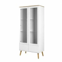 Weiße Stauraumvitrine Mit Furnier Eiche Vudian Im Mid Century Stil