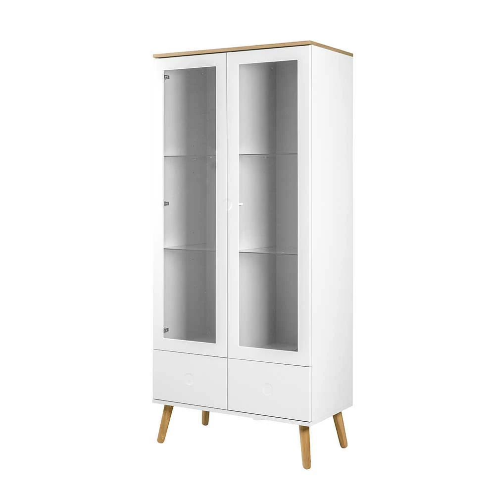 Weiße Stauraumvitrine Mit Furnier Eiche Vudian Im Mid Century Stil