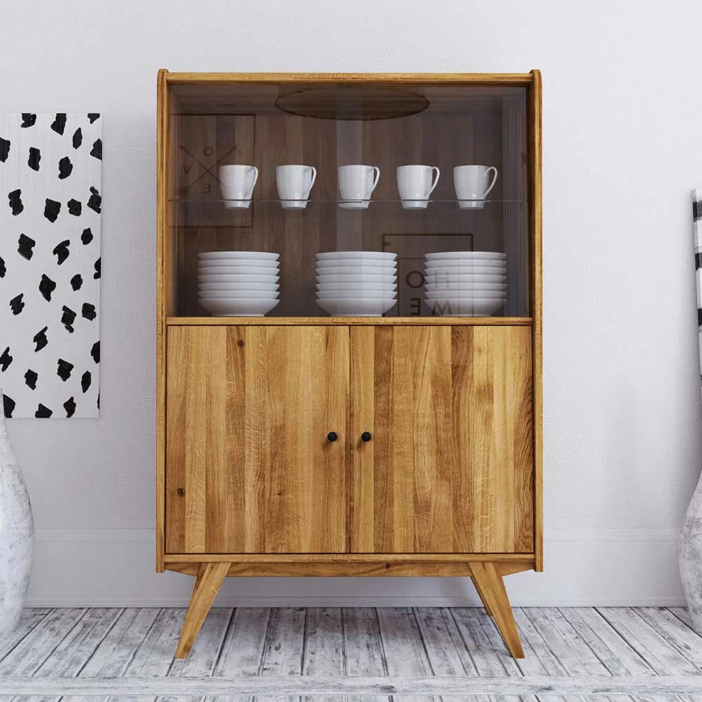 Wildeiche Mid Century Schrank Mit Zwei Glas Türen - Hardus – Bild 2