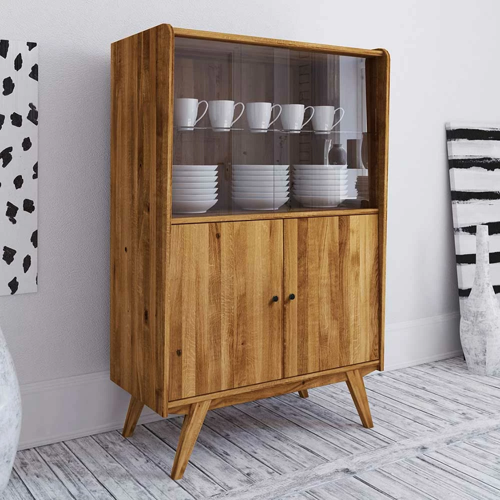 Wildeiche Mid Century Schrank Mit Zwei Glas Türen - Hardus – Bild 3